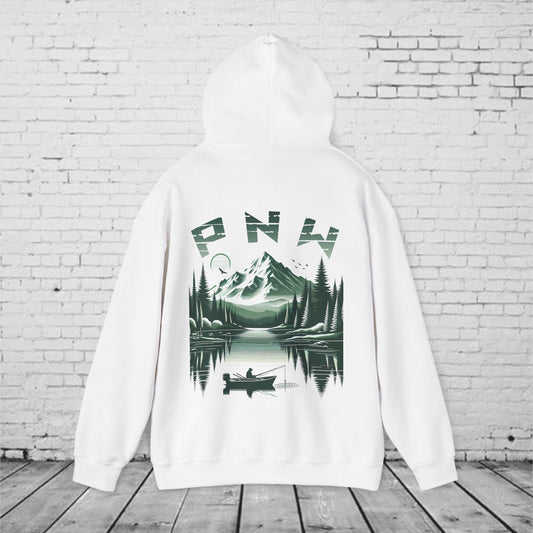 PNW Fishing Hoodie – Scenic Mountain & Lake Graphic | Pacific Northwest Adventure Sweatshirt