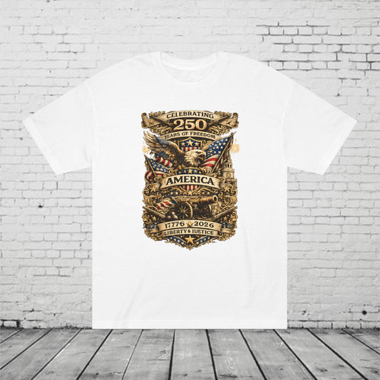 America 250 Years of Freedom Patriotic T-Shirt | 1776–2026 Semiquincentennial Eagle, Flag & Cannon Tee | Liberty & Justice Unisex Shirt