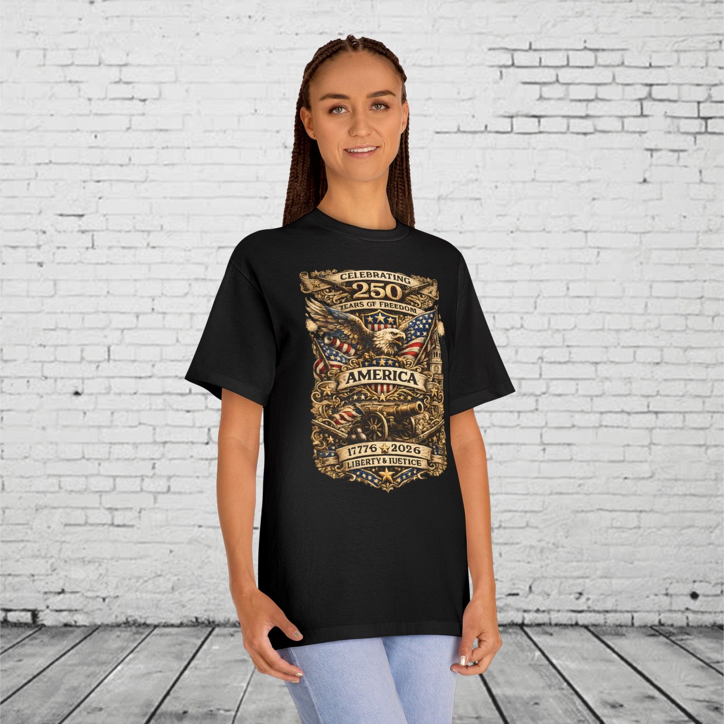 America 250 Years of Freedom Patriotic T-Shirt | 1776–2026 Semiquincentennial Eagle, Flag & Cannon Tee | Liberty & Justice Unisex Shirt