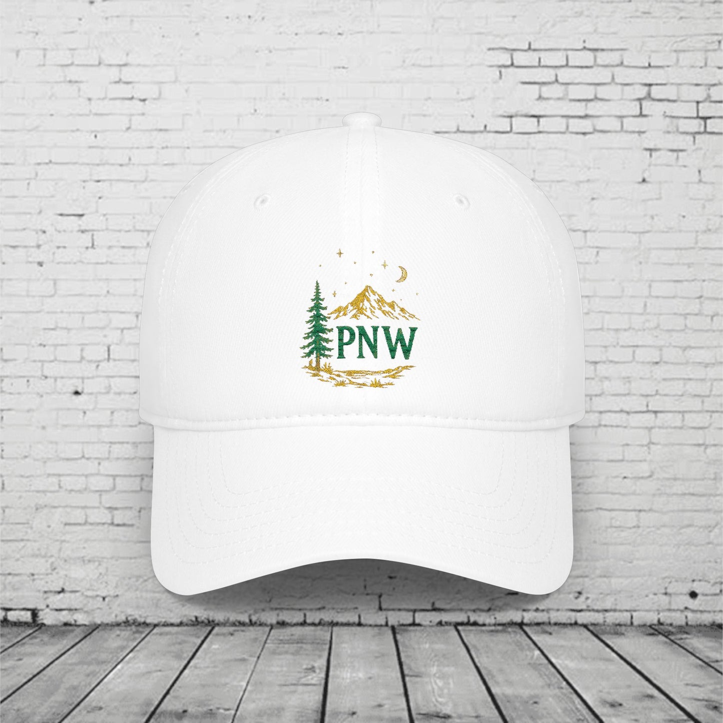 PNW Mountain & Pine Tree Baseball Cap | Pacific Northwest Outdoor Adventure Hat with Hidden Sasquatch