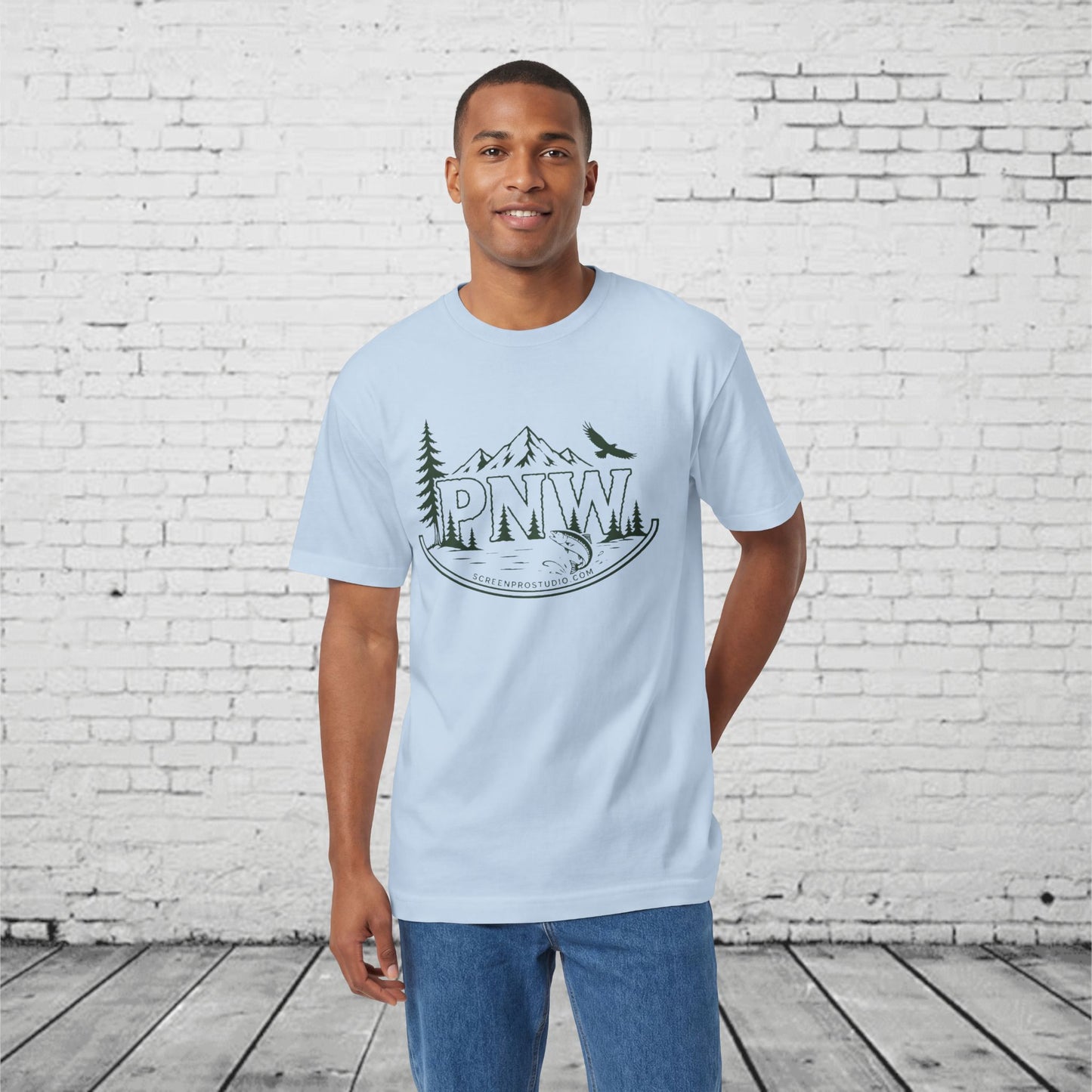 PNW Forest Badge T-Shirt | Pacific Northwest Mountain, Pine Tree & Salmon Graphic Tee