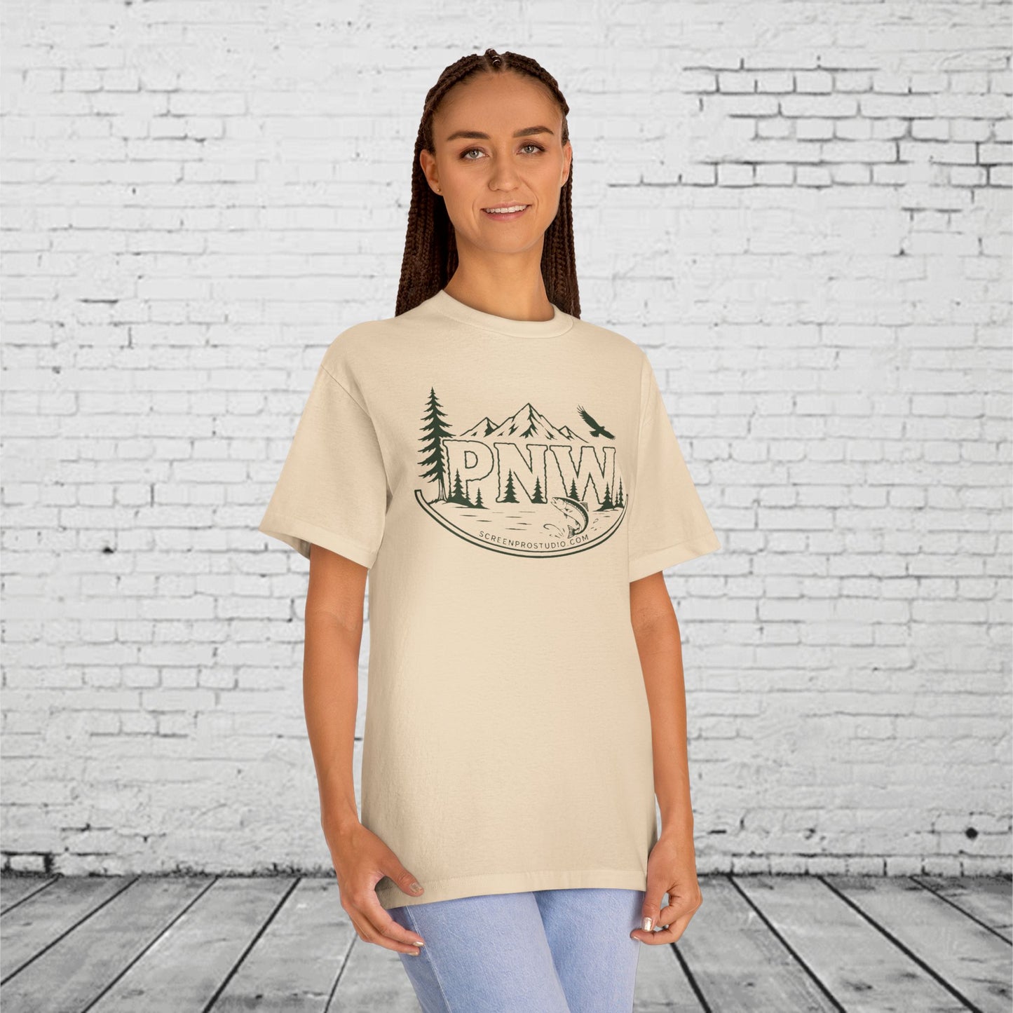PNW Forest Badge T-Shirt | Pacific Northwest Mountain, Pine Tree & Salmon Graphic Tee