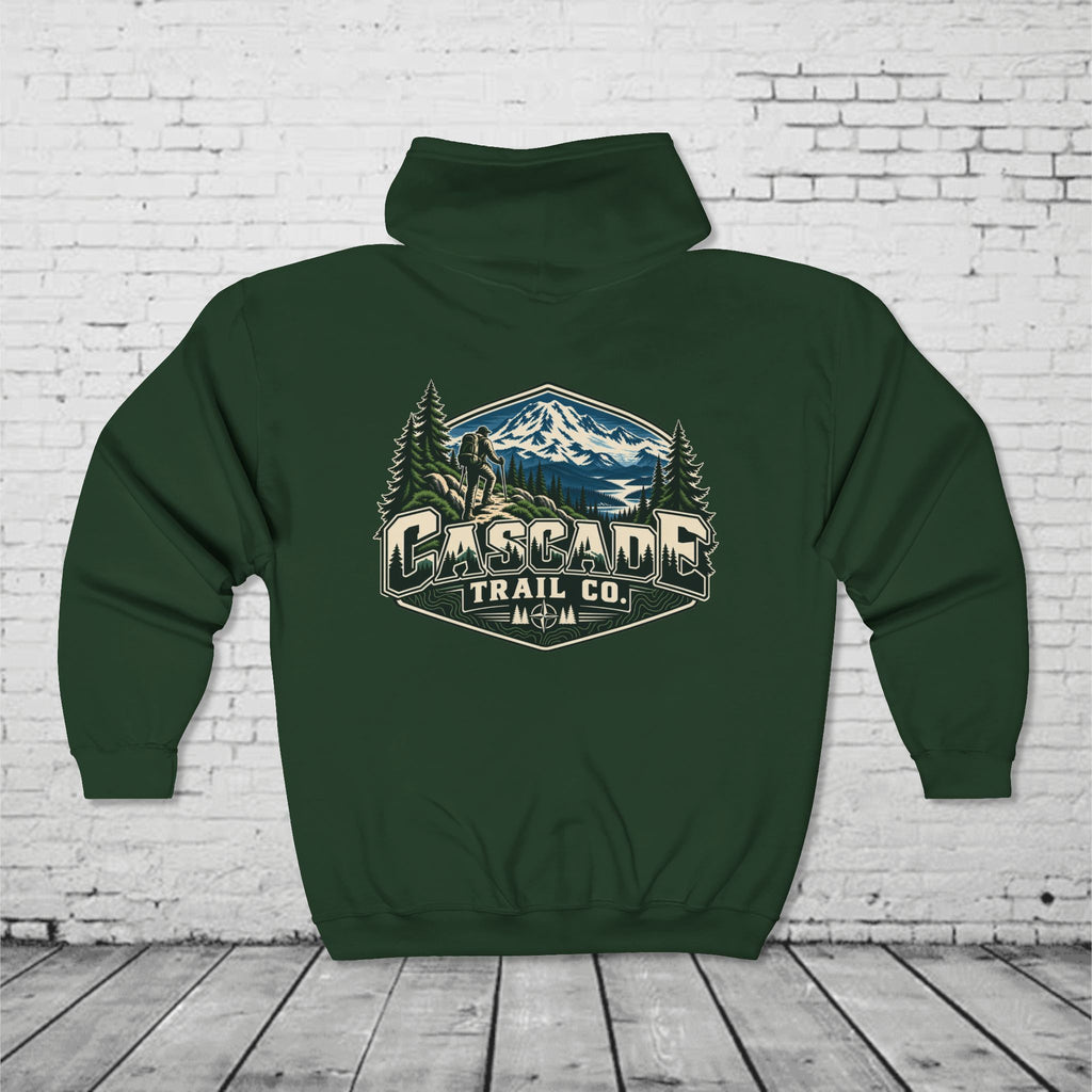 Cascade Trail Co. Full-Zip Hoodie – PNW Mountain Hiker Outdoor Back Graphic