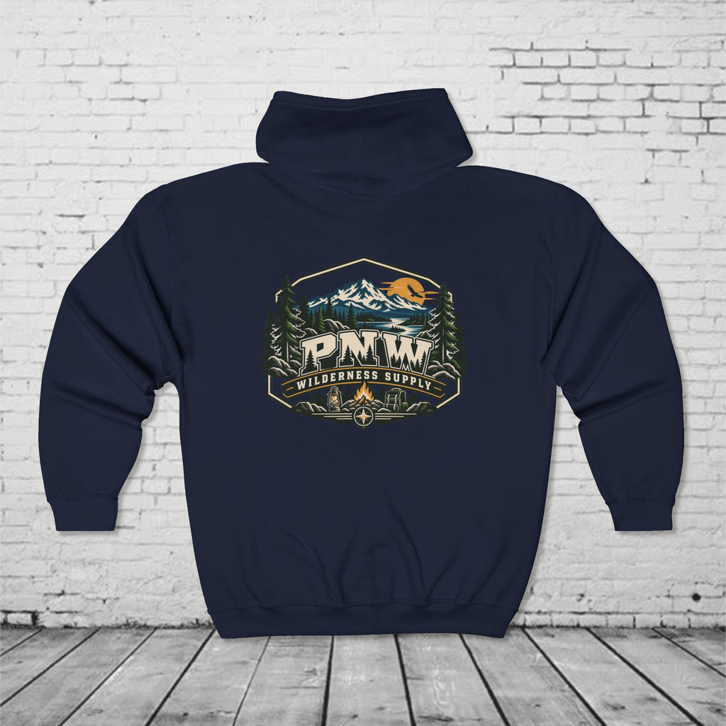 PNW Wilderness Supply Full-Zip Hoodie – Pacific Northwest Outdoor Adventure Back Graphic