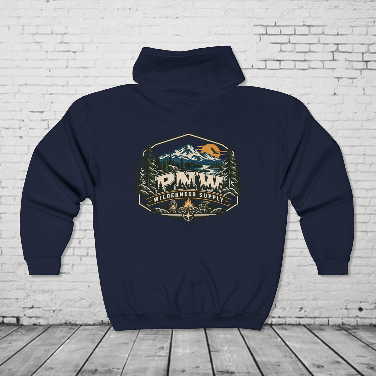 PNW Wilderness Supply Full-Zip Hoodie – Pacific Northwest Outdoor Adventure Back Graphic