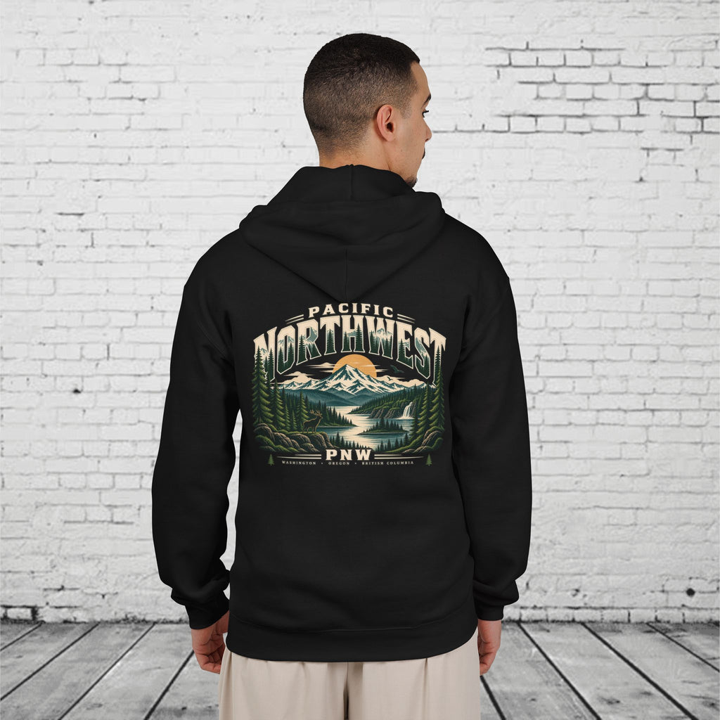 Pacific Northwest Wilderness Full-Zip Hoodie – PNW Mountain Elk Forest Back Graphic