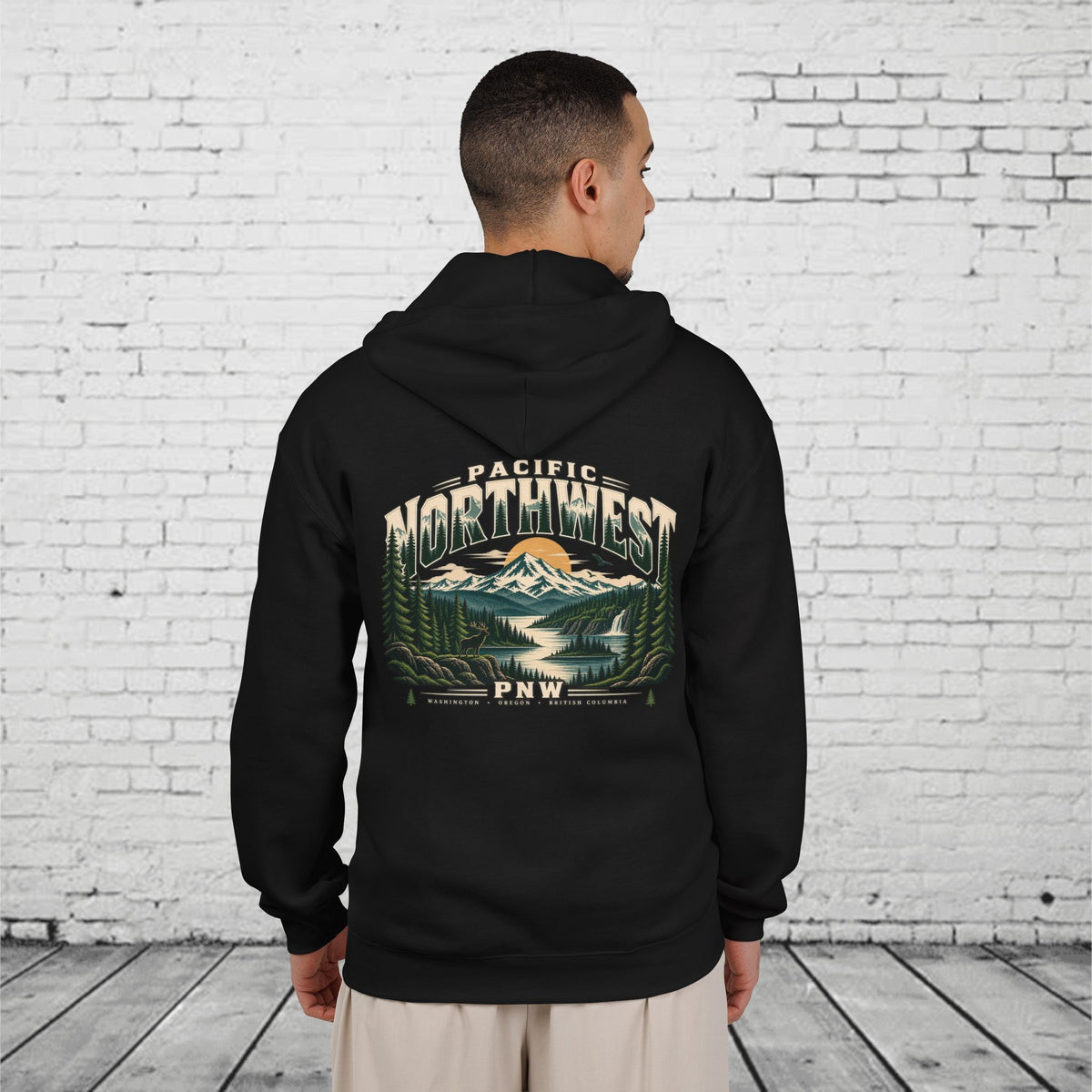 Pacific Northwest Wilderness Full-Zip Hoodie – PNW Mountain Elk Forest Back Graphic