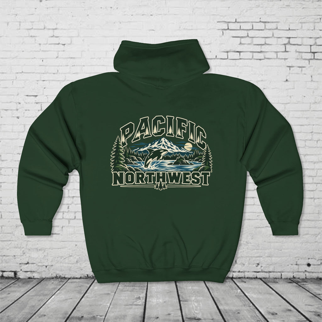 Wild Pacific Orca Full-Zip Hoodie – Pacific Northwest Mountain & Ocean Back Graphic