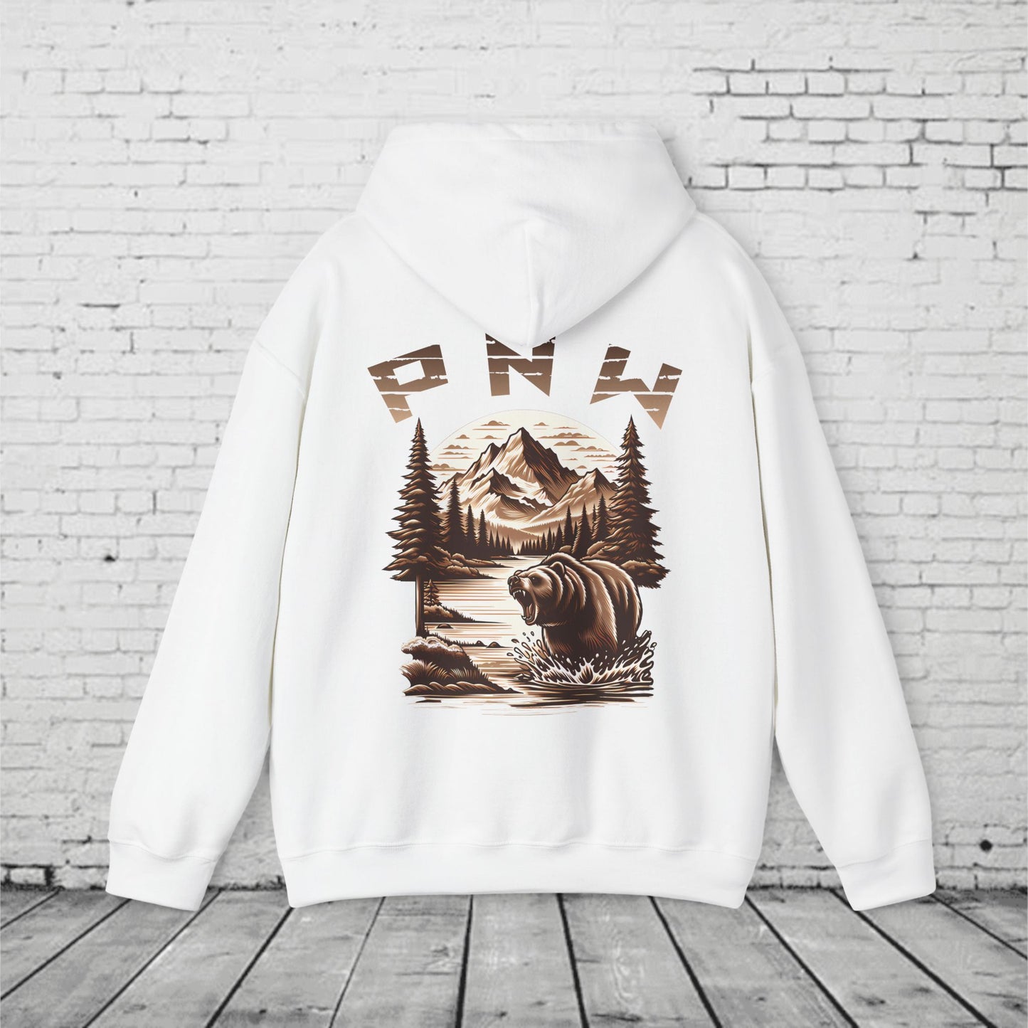 PNW Bear Hoodie – Pacific Northwest Mountain Wilderness Sweatshirt, Unisex Heavy Blend