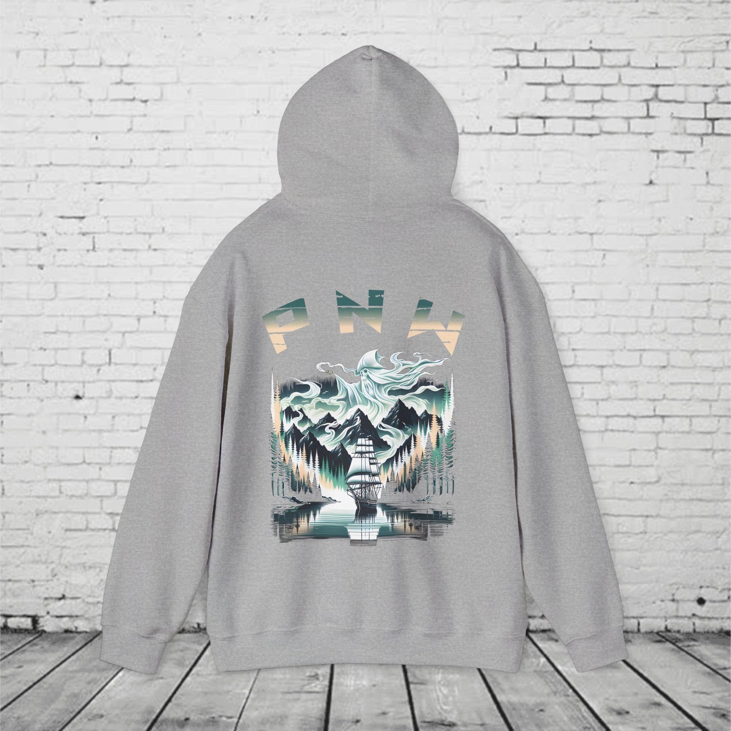 Pacific Northwest Hoodie – PNW Foggy Forest Sailing Ship Sweatshirt, Mystic Adventure Hoodie, Unisex Heavy Blend Pullover