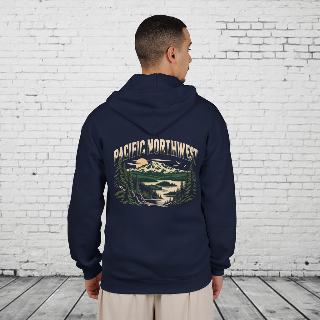 Pacific Northwest Mountain Lake Full-Zip Hoodie – PNW Evergreen Outdoor Back Graphic