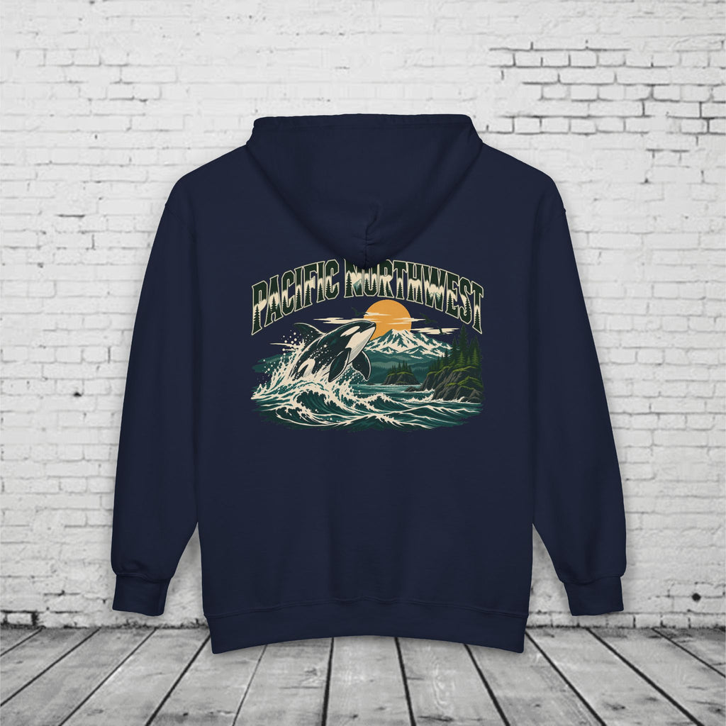 Pacific Northwest Orca Full-Zip Hoodie – PNW Mountain & Ocean Back Graphic