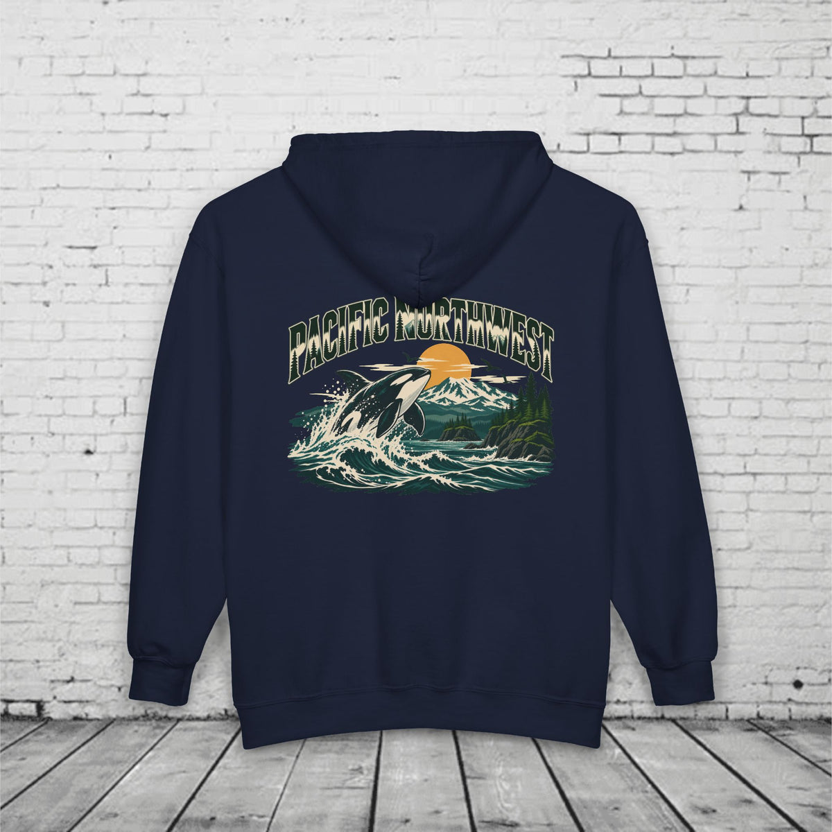 Pacific Northwest Orca Full-Zip Hoodie – PNW Mountain & Ocean Back Graphic