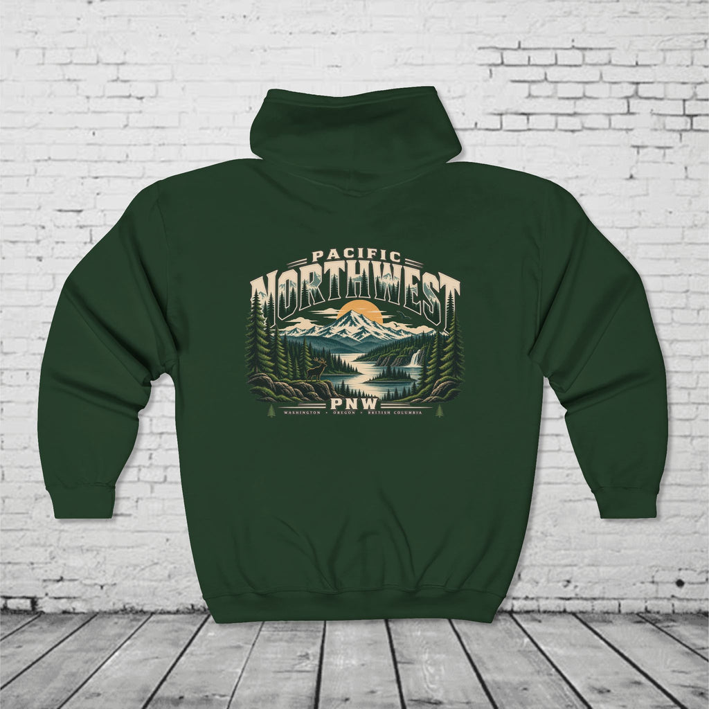 Pacific Northwest Wilderness Full-Zip Hoodie – PNW Mountain Elk Forest Back Graphic