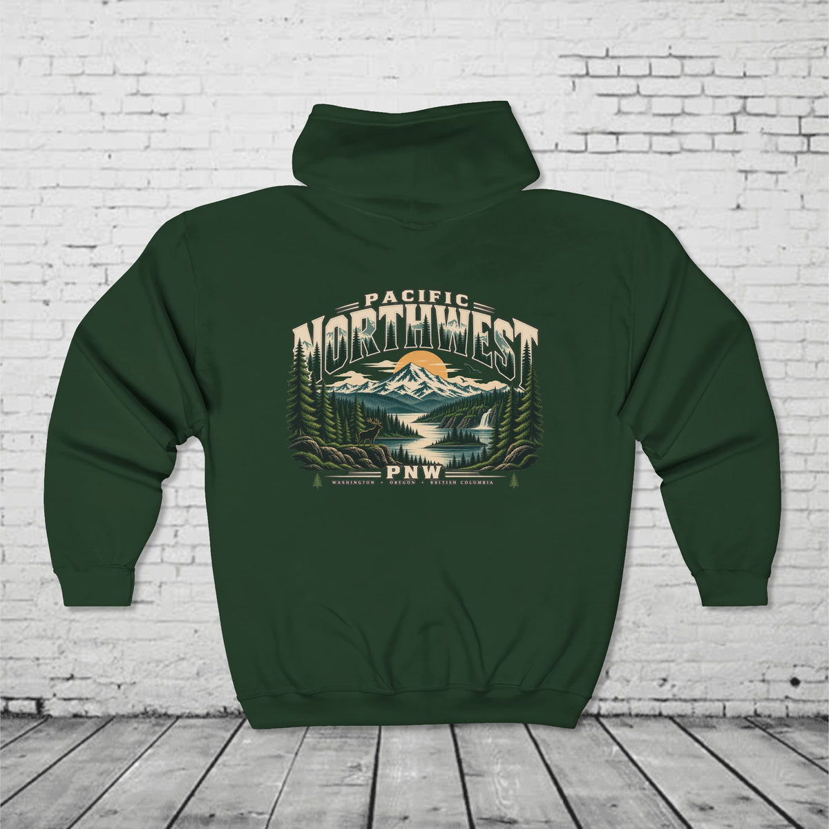 Pacific Northwest Wilderness Full-Zip Hoodie – PNW Mountain Elk Forest Back Graphic