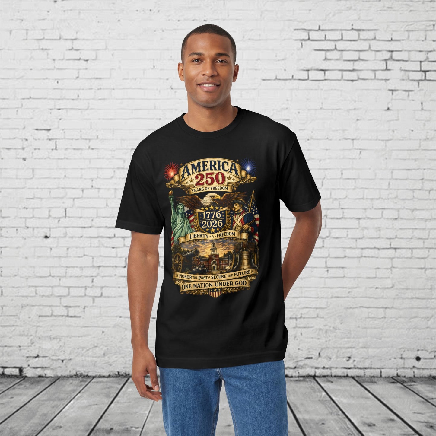 America 250 Patriotic T-Shirt | 1776–2026 Eagle, Revolutionary Soldier & Statue of Liberty Tee | One Nation Under God Semiquincentennial Unisex Shirt