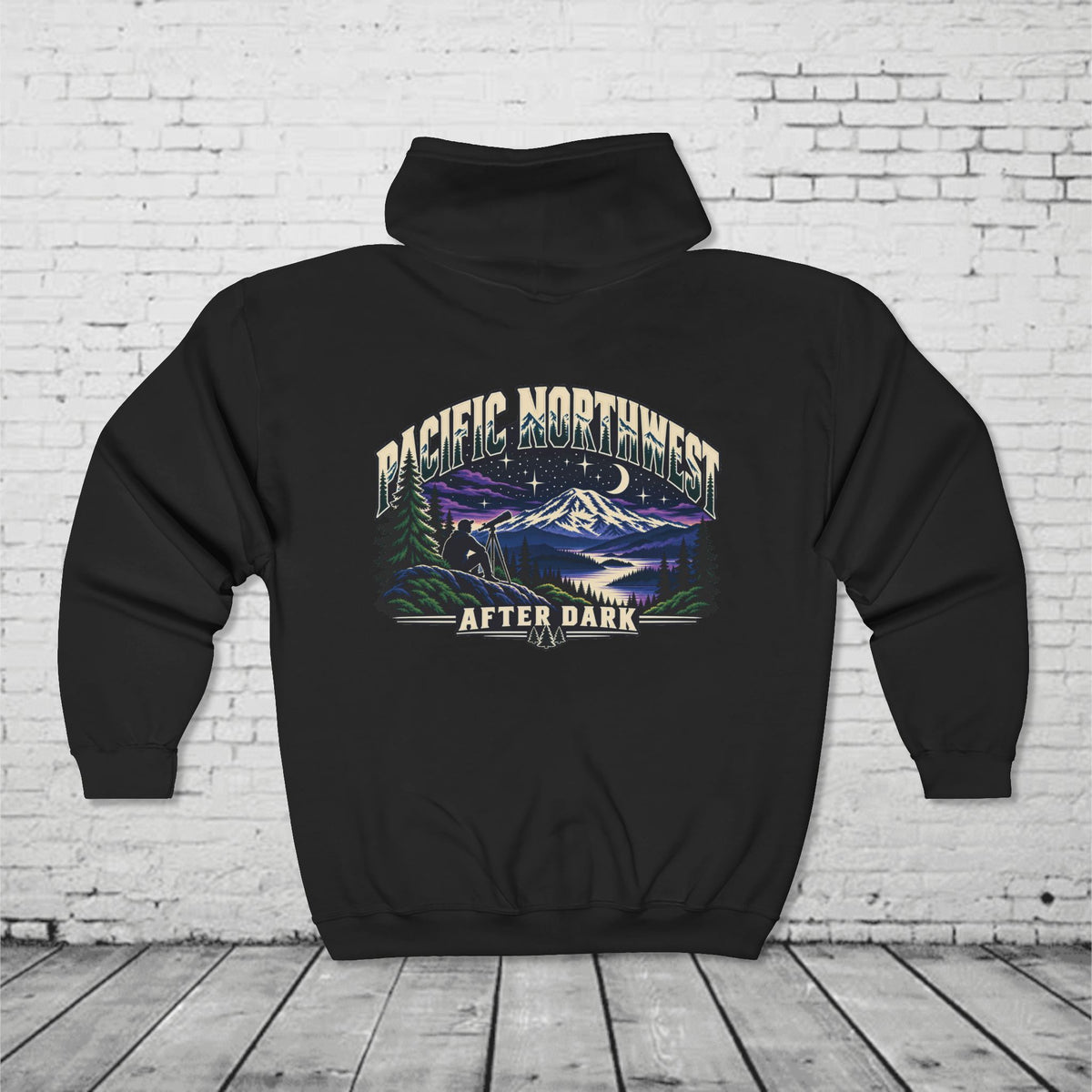 Pacific Northwest After Dark Full-Zip Hoodie – PNW Stargazer Mountain Back Graphic