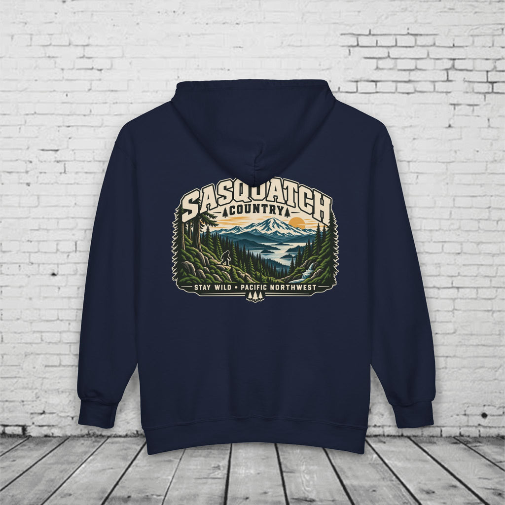 Sasquatch Country Full-Zip Hoodie – Stay Wild Pacific Northwest Bigfoot Back Graphic