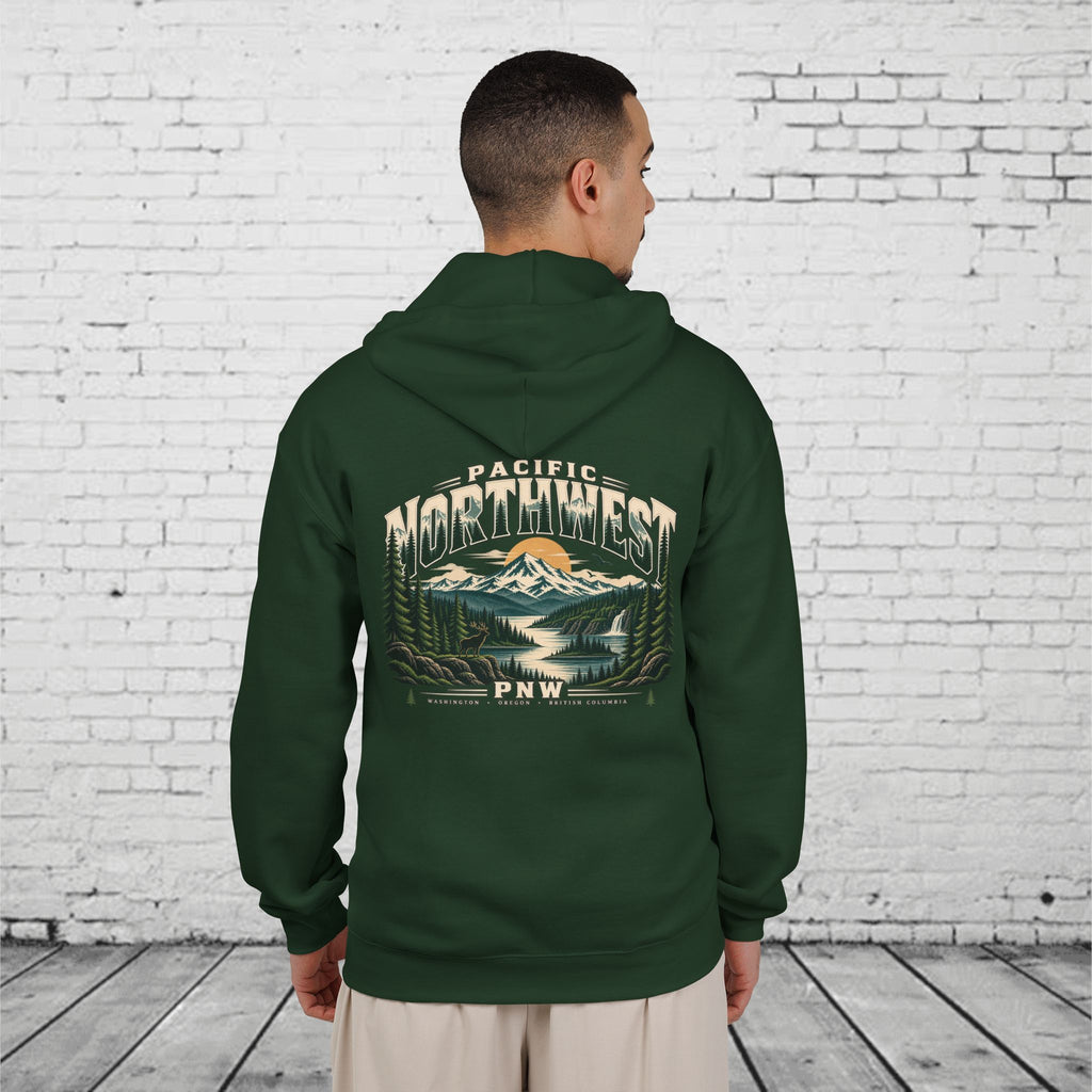 Pacific Northwest Wilderness Full-Zip Hoodie – PNW Mountain Elk Forest Back Graphic