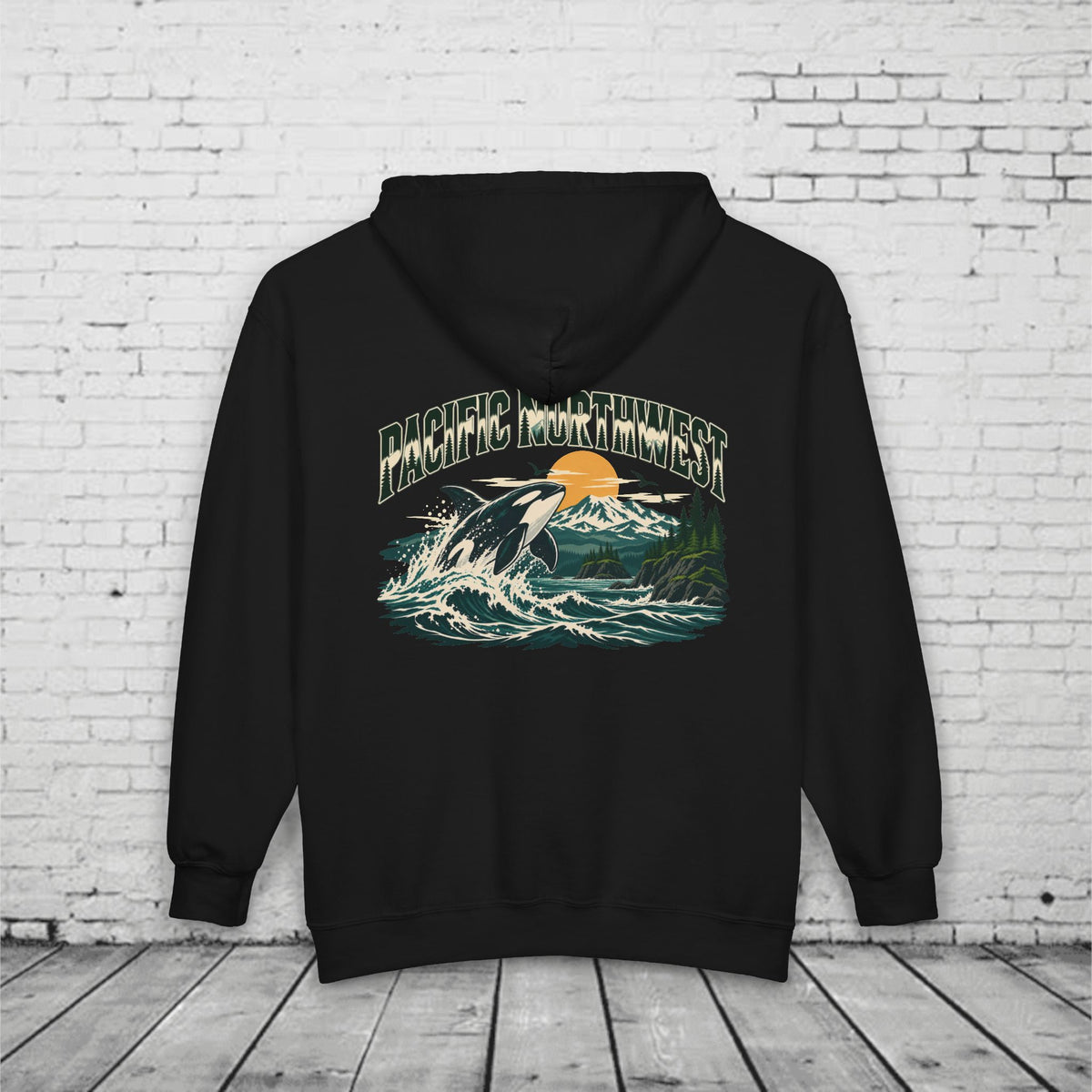 Pacific Northwest Orca Full-Zip Hoodie – PNW Mountain & Ocean Back Graphic