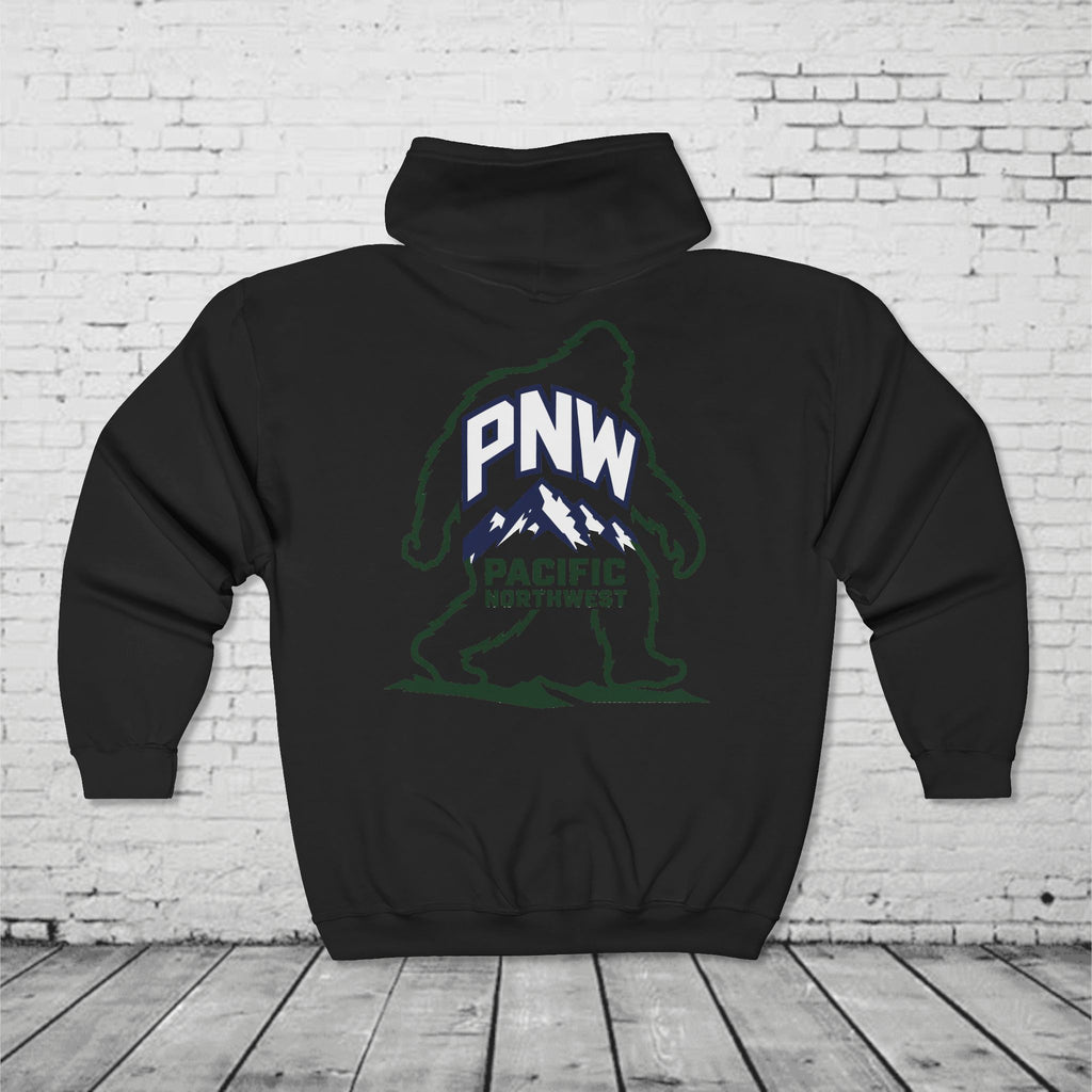 PNW Sasquatch Full Zip Hoodie – Pacific Northwest Bigfoot Mountain Graphic Sweatshirt