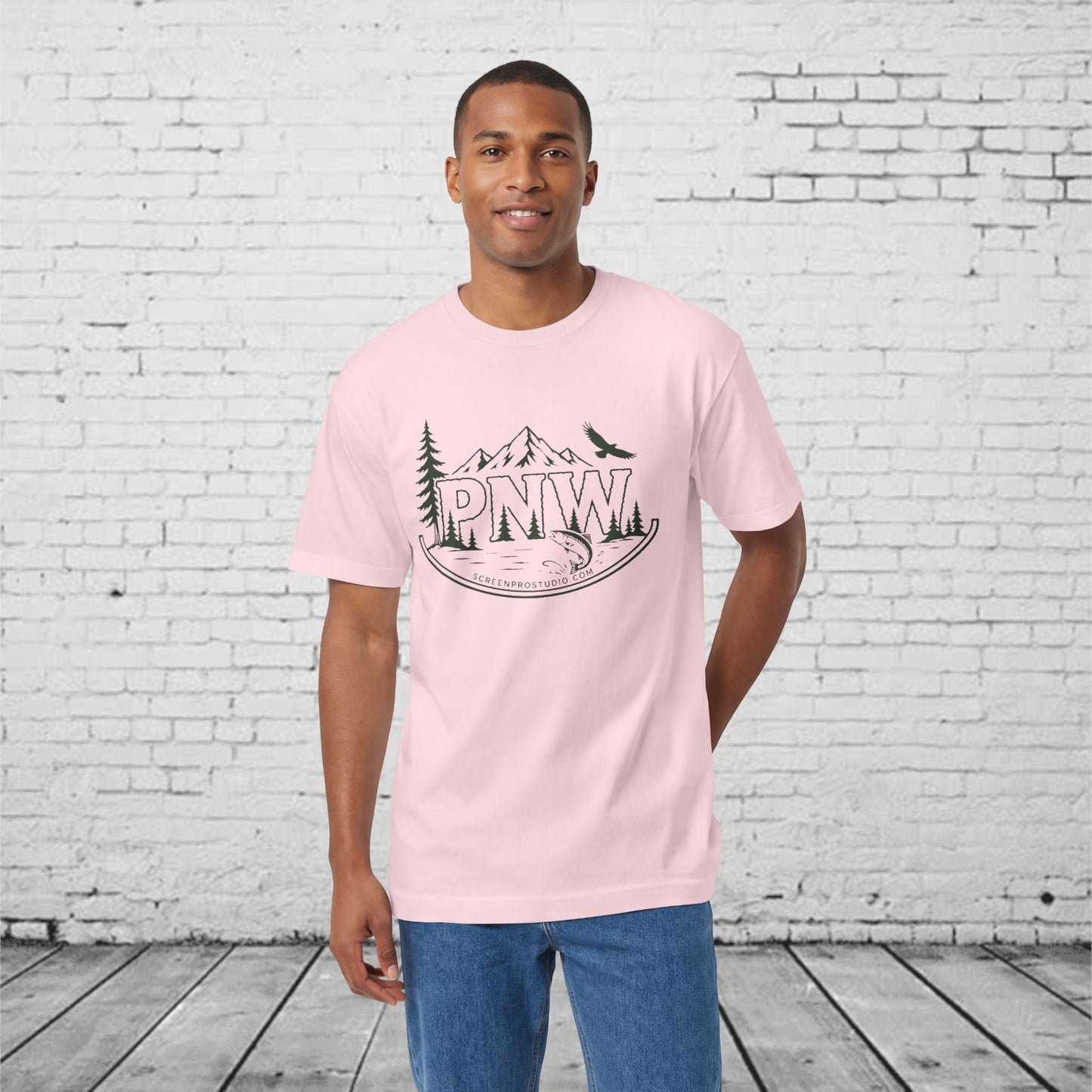 PNW Forest Badge T-Shirt | Pacific Northwest Mountain, Pine Tree & Salmon Graphic Tee