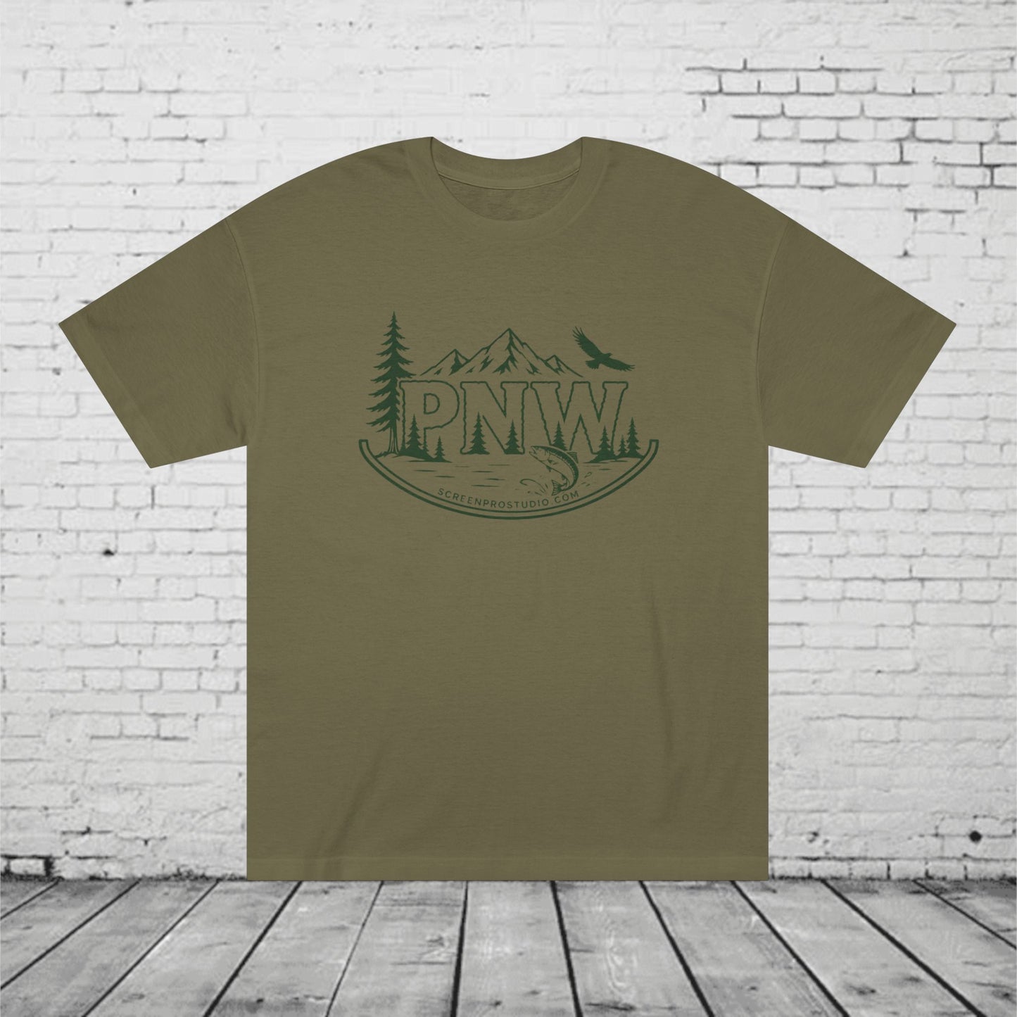 PNW Forest Badge T-Shirt | Pacific Northwest Mountain, Pine Tree & Salmon Graphic Tee
