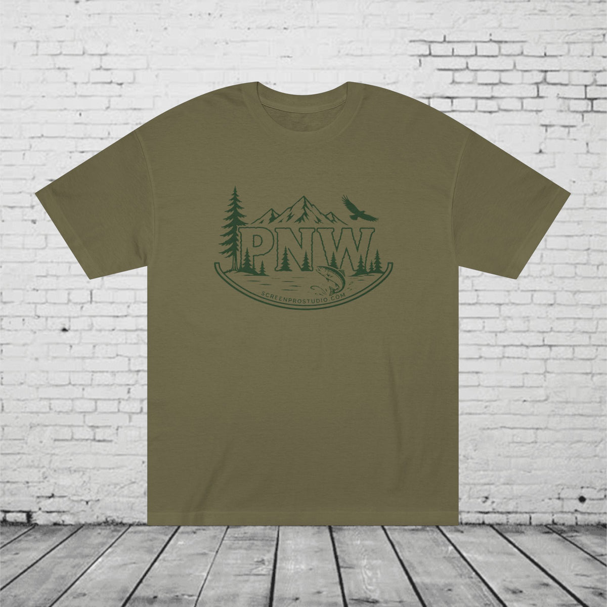 PNW Forest Badge T-Shirt | Pacific Northwest Mountain, Pine Tree & Salmon Graphic Tee