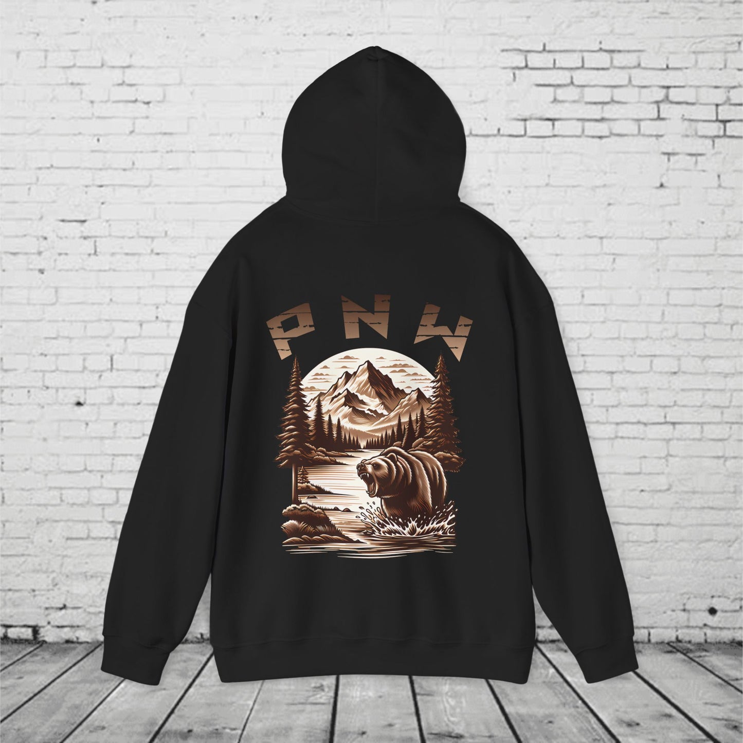 PNW Bear Hoodie – Pacific Northwest Mountain Wilderness Sweatshirt, Unisex Heavy Blend