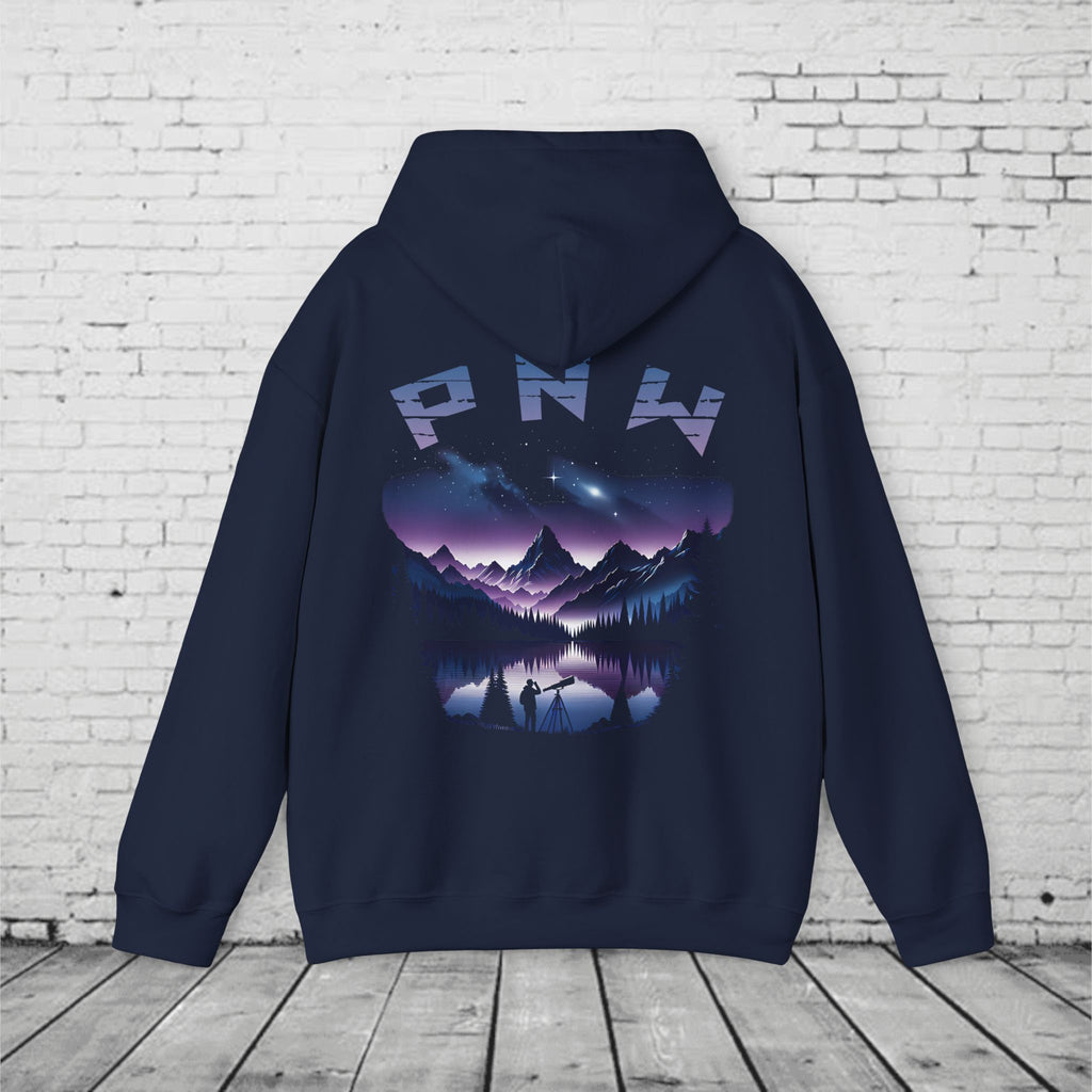 PNW Stargazer Hoodie – Pacific Northwest Night Sky Mountain Graphic, Astronomy Cosmic Unisex Pullover Sweatshirt