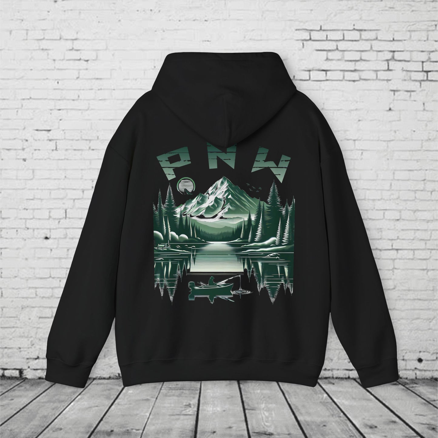 PNW Fishing Hoodie – Scenic Mountain & Lake Graphic | Pacific Northwest Adventure Sweatshirt
