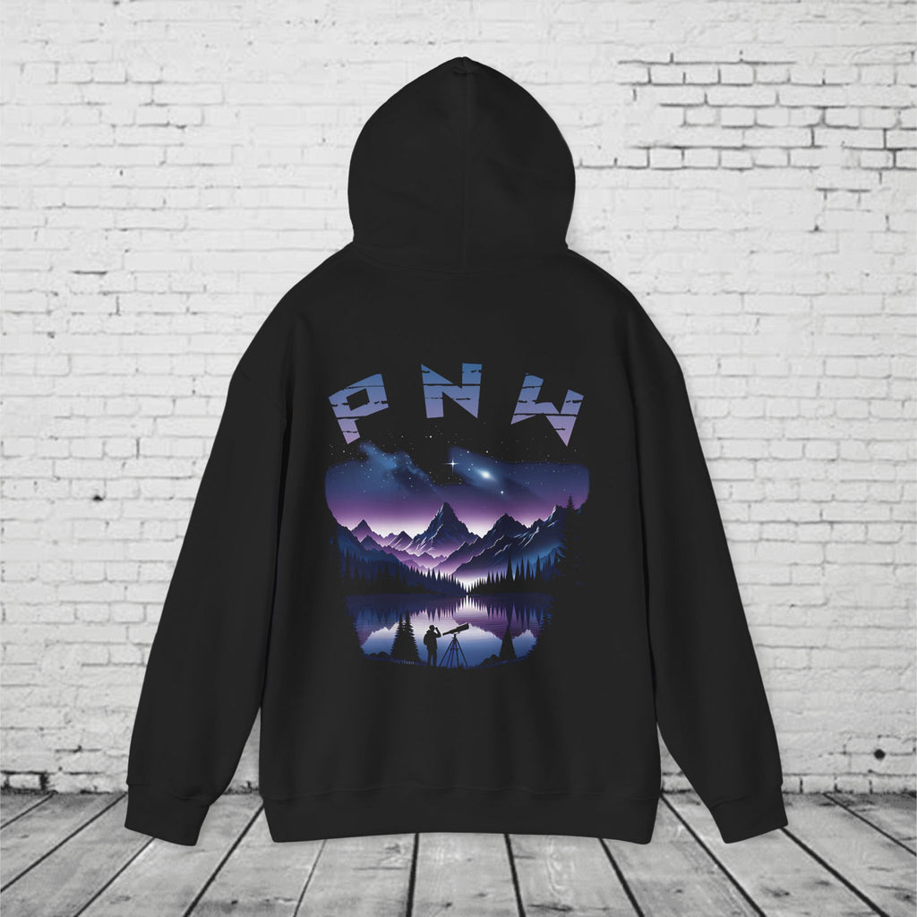 PNW Stargazer Hoodie – Pacific Northwest Night Sky Mountain Graphic, Astronomy Cosmic Unisex Pullover Sweatshirt