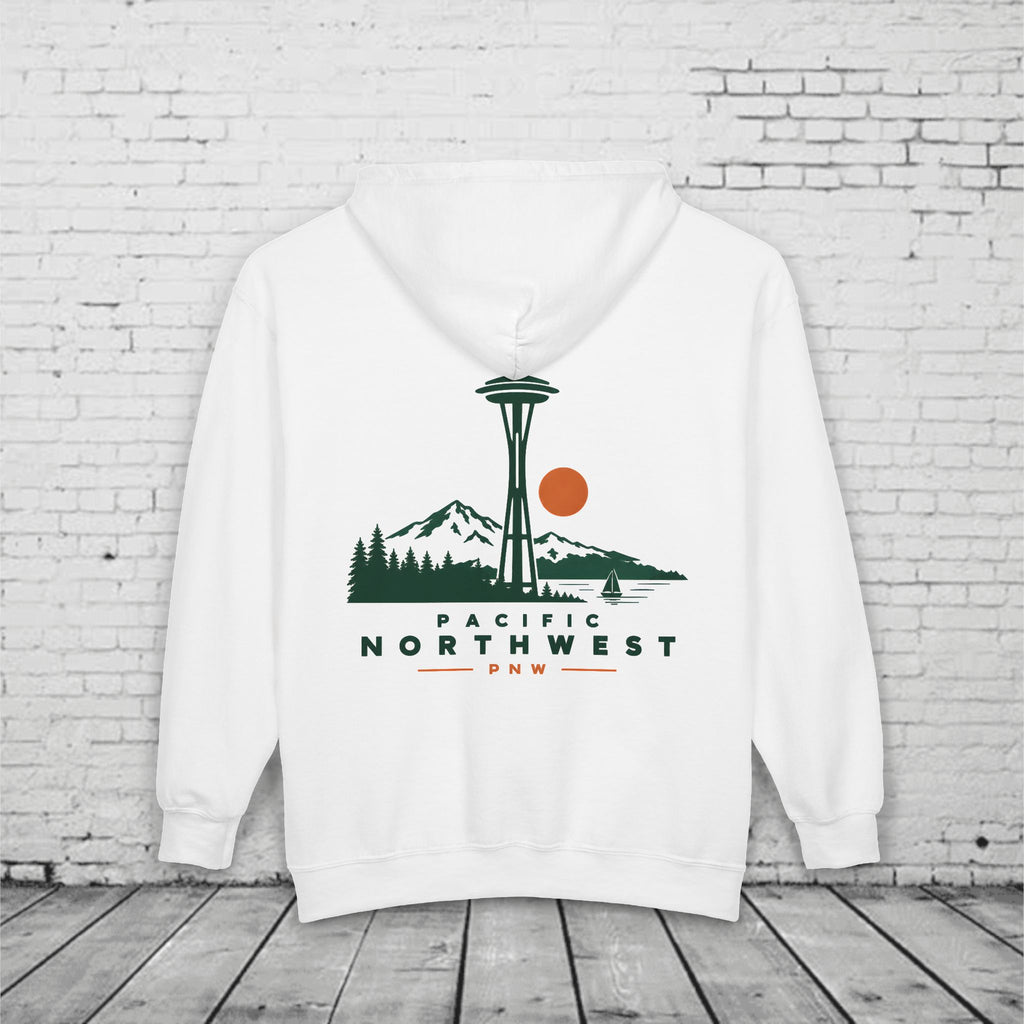 PNW Space Needle Full-Zip Hoodie – Pacific Northwest Mountain & Evergreen Sweatshirt