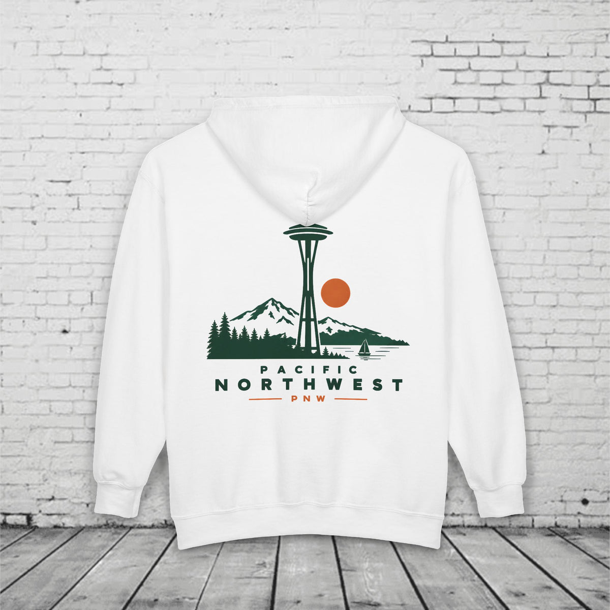 PNW Space Needle Full-Zip Hoodie – Pacific Northwest Mountain & Evergreen Sweatshirt