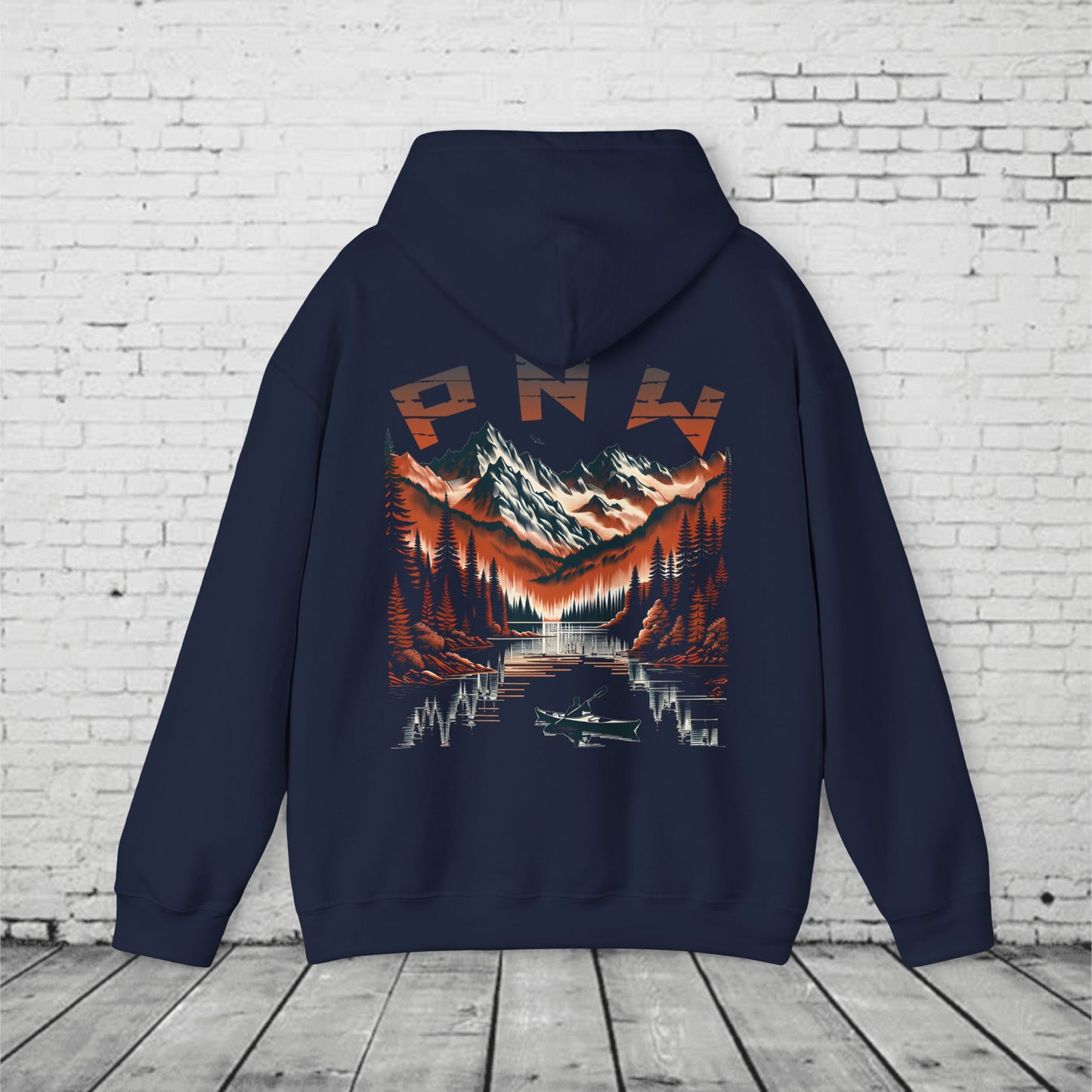 PNW Adventure Hoodie – Kayak & Mountain Wilderness Graphic, Pacific Northwest Unisex Sweatshirt