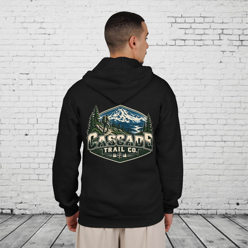 Cascade Trail Co. Full-Zip Hoodie – PNW Mountain Hiker Outdoor Back Graphic