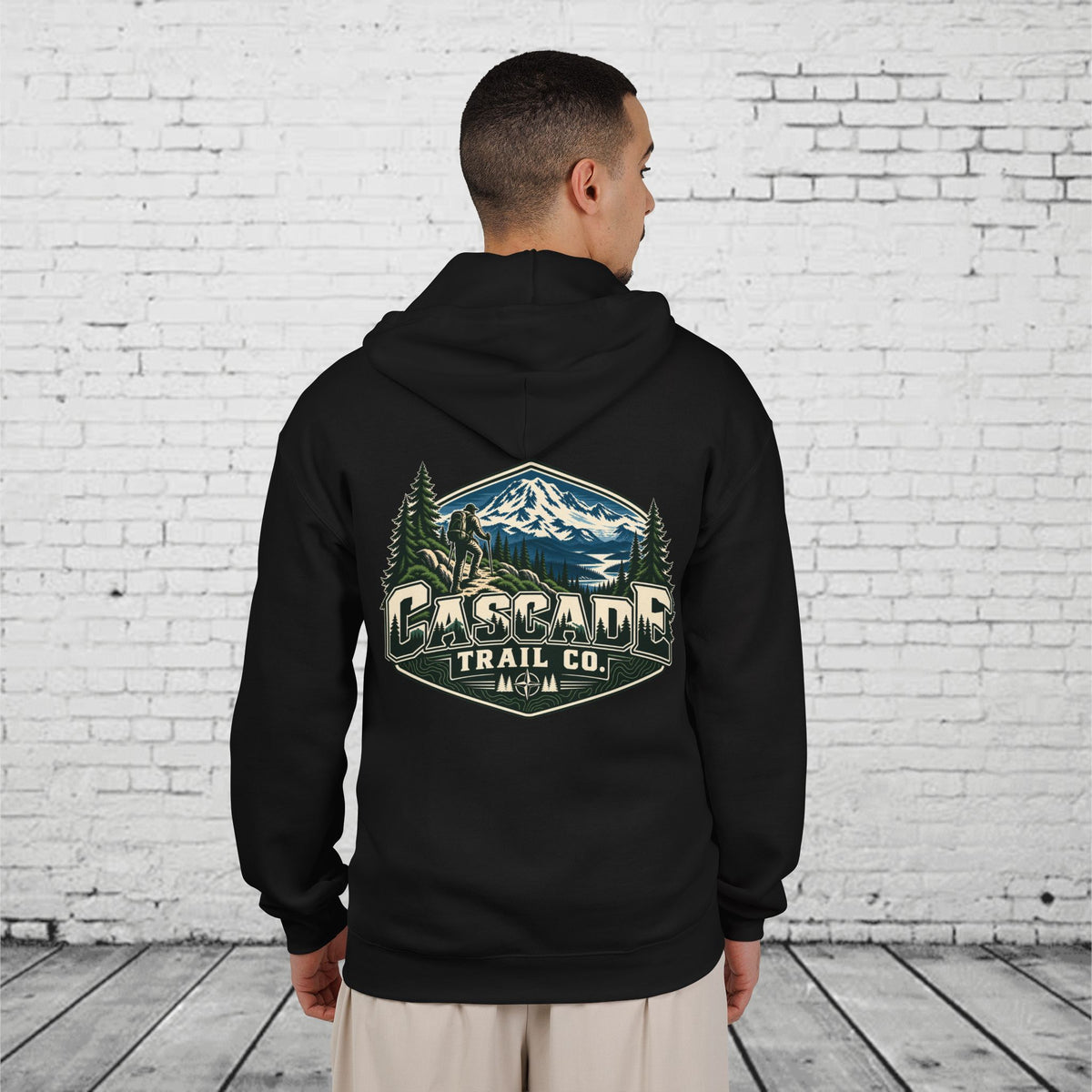 Cascade Trail Co. Full-Zip Hoodie – PNW Mountain Hiker Outdoor Back Graphic