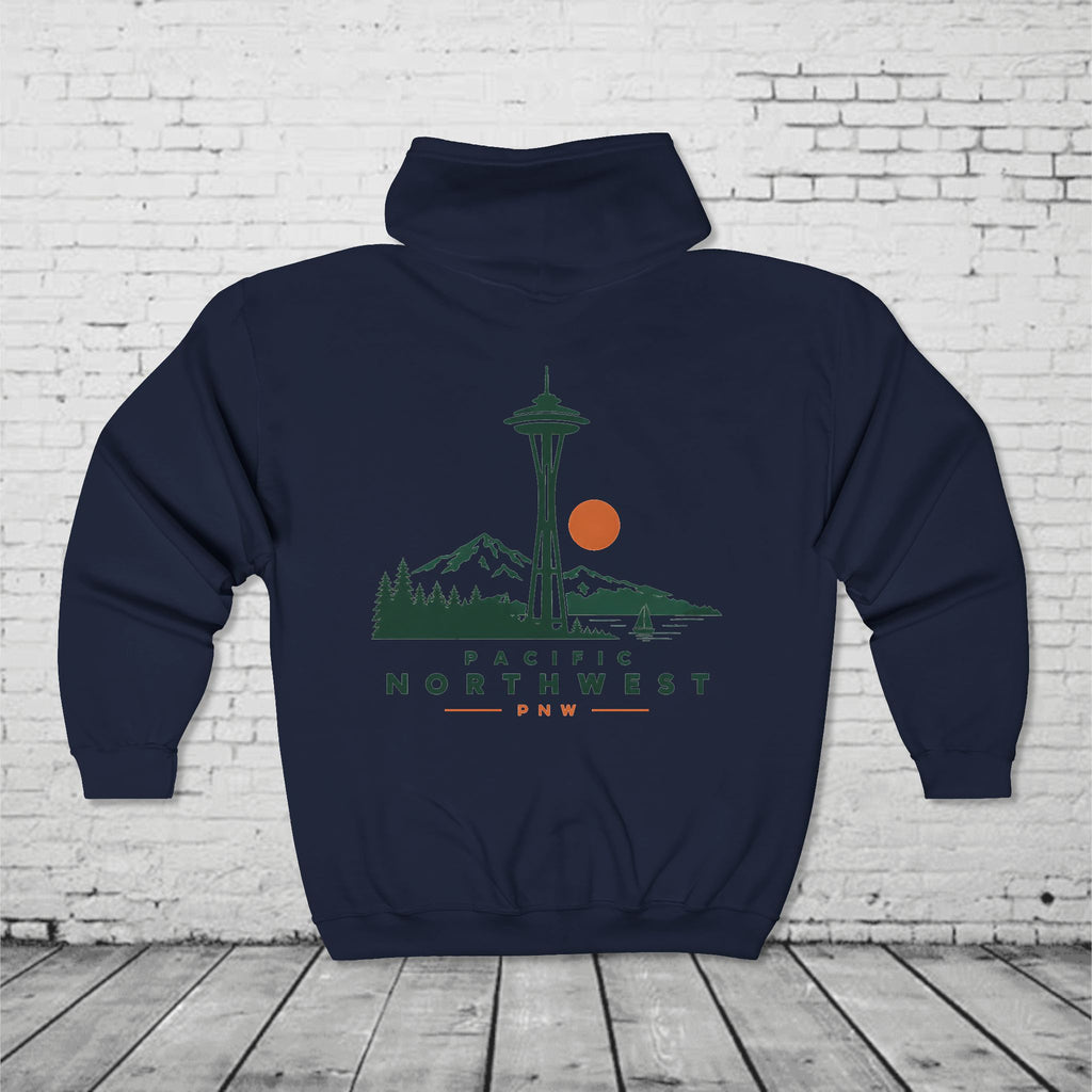 PNW Space Needle Full-Zip Hoodie – Pacific Northwest Mountain & Evergreen Sweatshirt