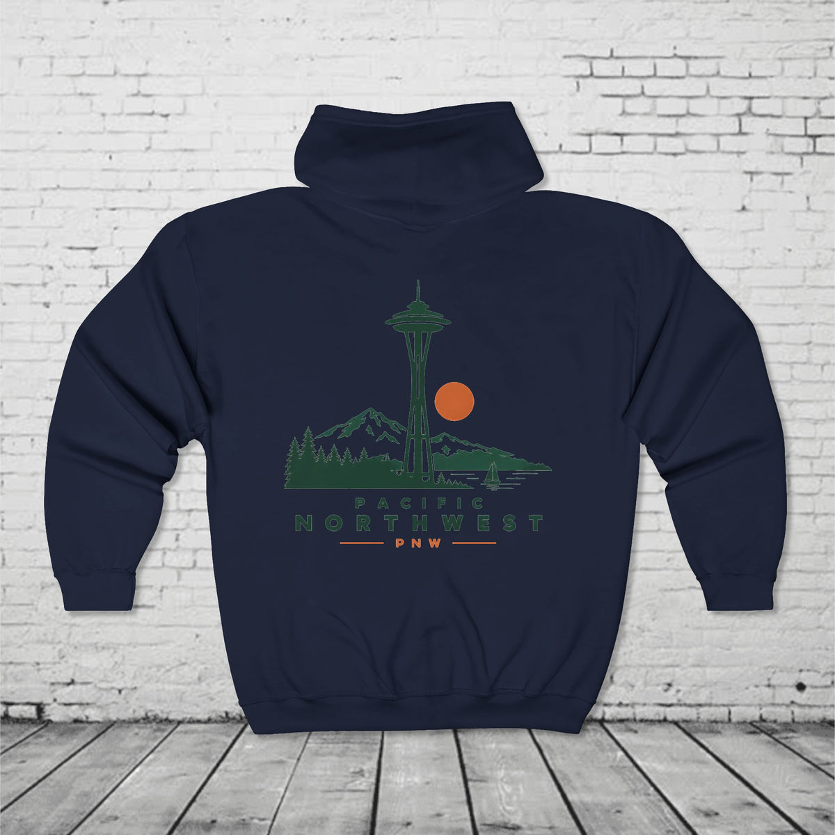 PNW Space Needle Full-Zip Hoodie – Pacific Northwest Mountain & Evergreen Sweatshirt