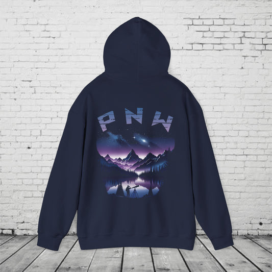 PNW Stargazer Hoodie – Pacific Northwest Night Sky Mountain Graphic, Astronomy Cosmic Unisex Pullover Sweatshirt