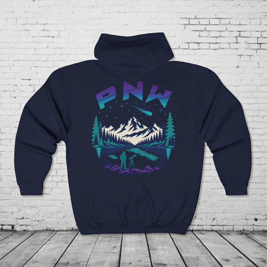 PNW Stargazer Full-Zip Hoodie – Pacific Northwest Mountain Night Sky Adventure Sweatshirt
