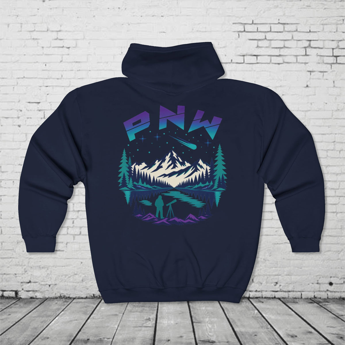 PNW Stargazer Full-Zip Hoodie – Pacific Northwest Mountain Night Sky Adventure Sweatshirt