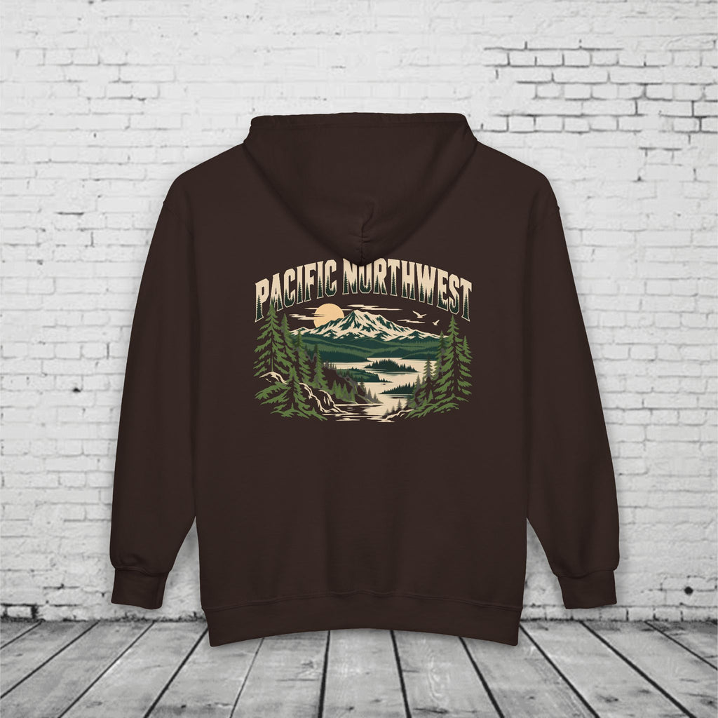 Pacific Northwest Mountain Lake Full-Zip Hoodie – PNW Evergreen Outdoor Back Graphic
