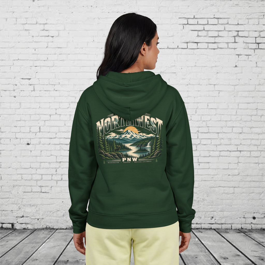 Pacific Northwest Wilderness Full-Zip Hoodie – PNW Mountain Elk Forest Back Graphic