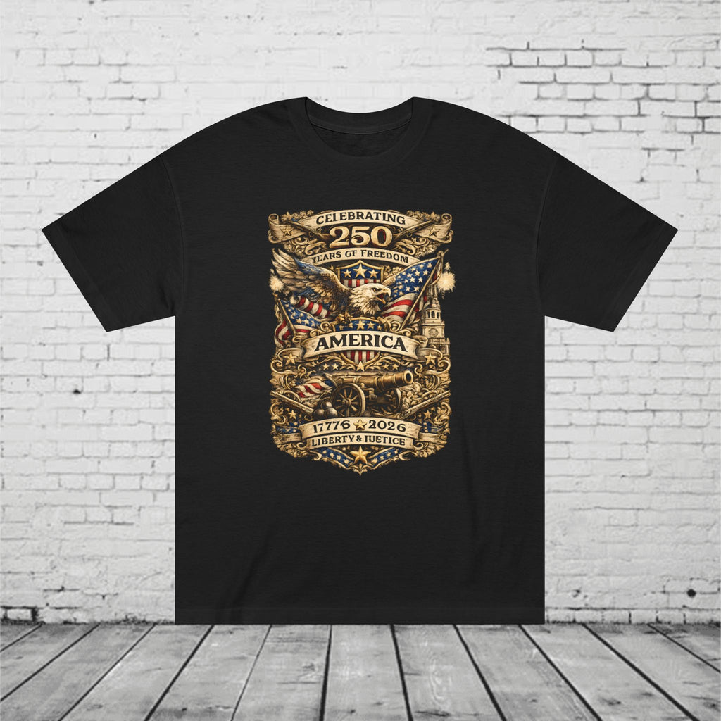 America 250 Years of Freedom Patriotic T-Shirt | 1776–2026 Semiquincentennial Eagle, Flag & Cannon Tee | Liberty & Justice Unisex Shirt