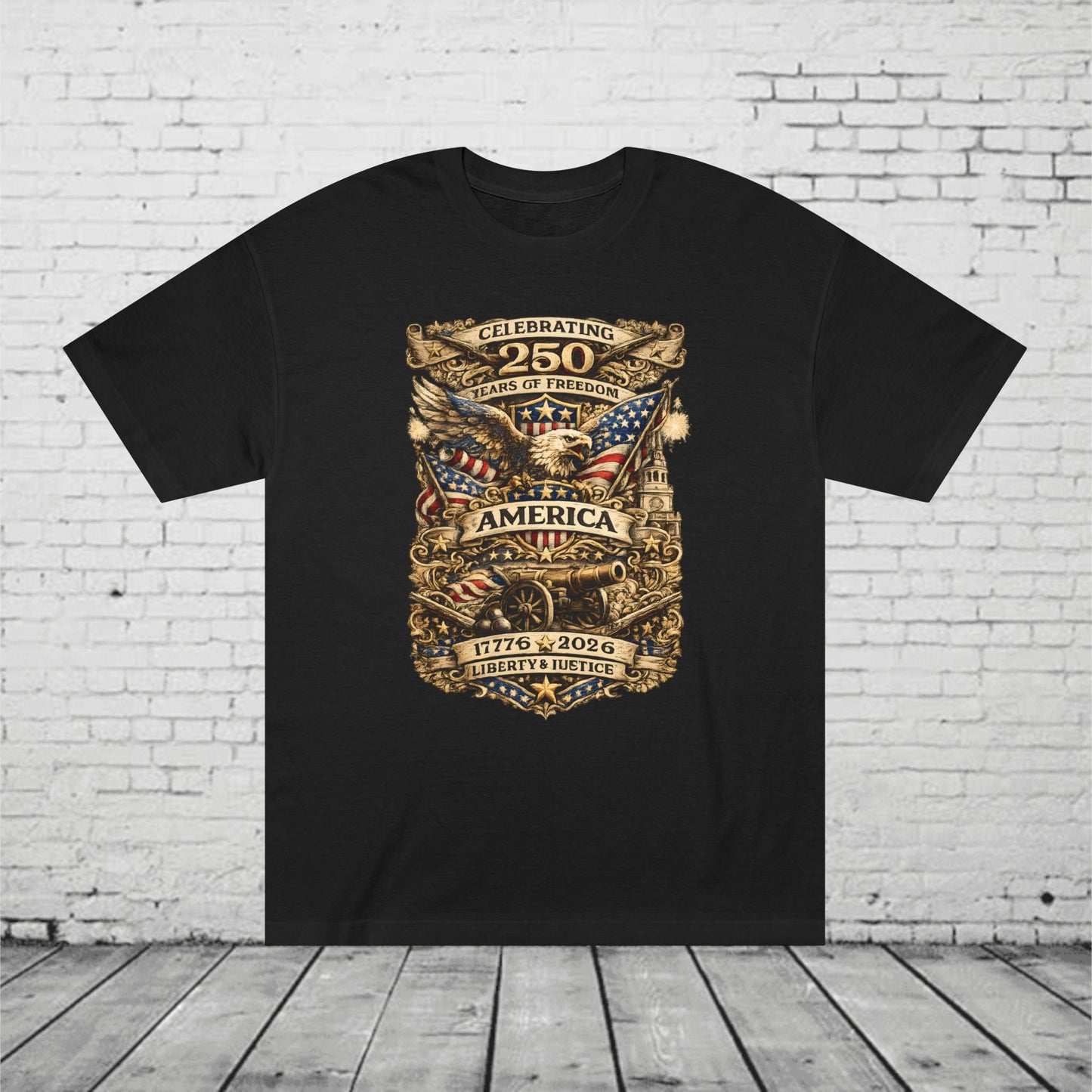 America 250 Years of Freedom Patriotic T-Shirt | 1776–2026 Semiquincentennial Eagle, Flag & Cannon Tee | Liberty & Justice Unisex Shirt