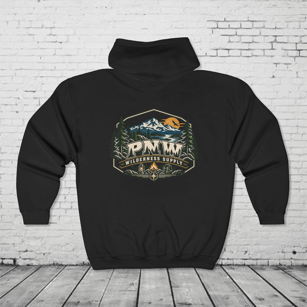 PNW Wilderness Supply Full-Zip Hoodie – Pacific Northwest Outdoor Adventure Back Graphic