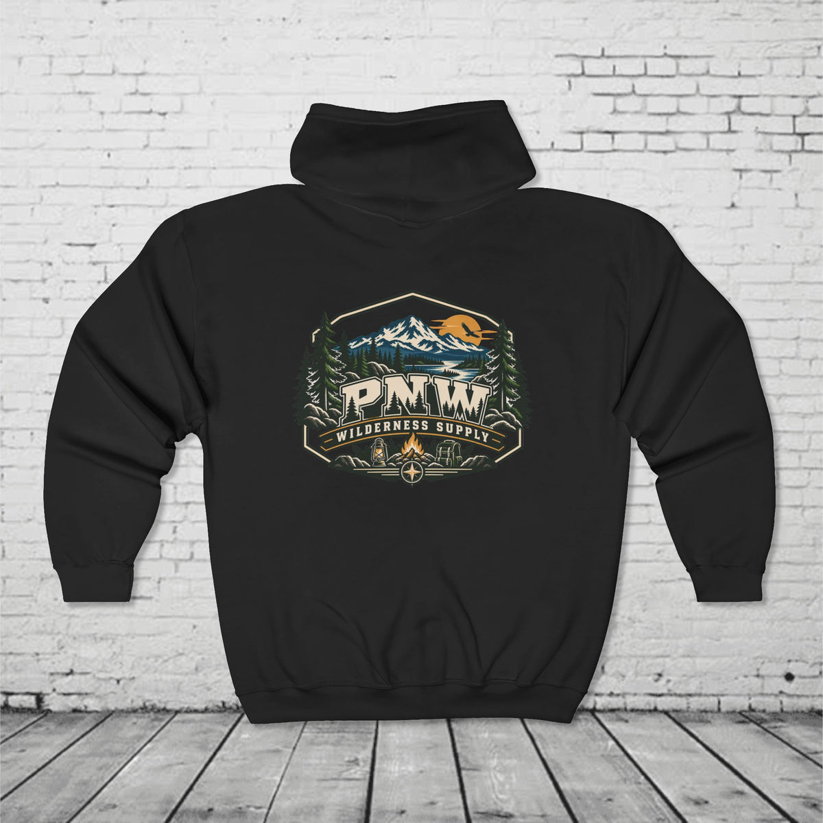 PNW Wilderness Supply Full-Zip Hoodie – Pacific Northwest Outdoor Adventure Back Graphic
