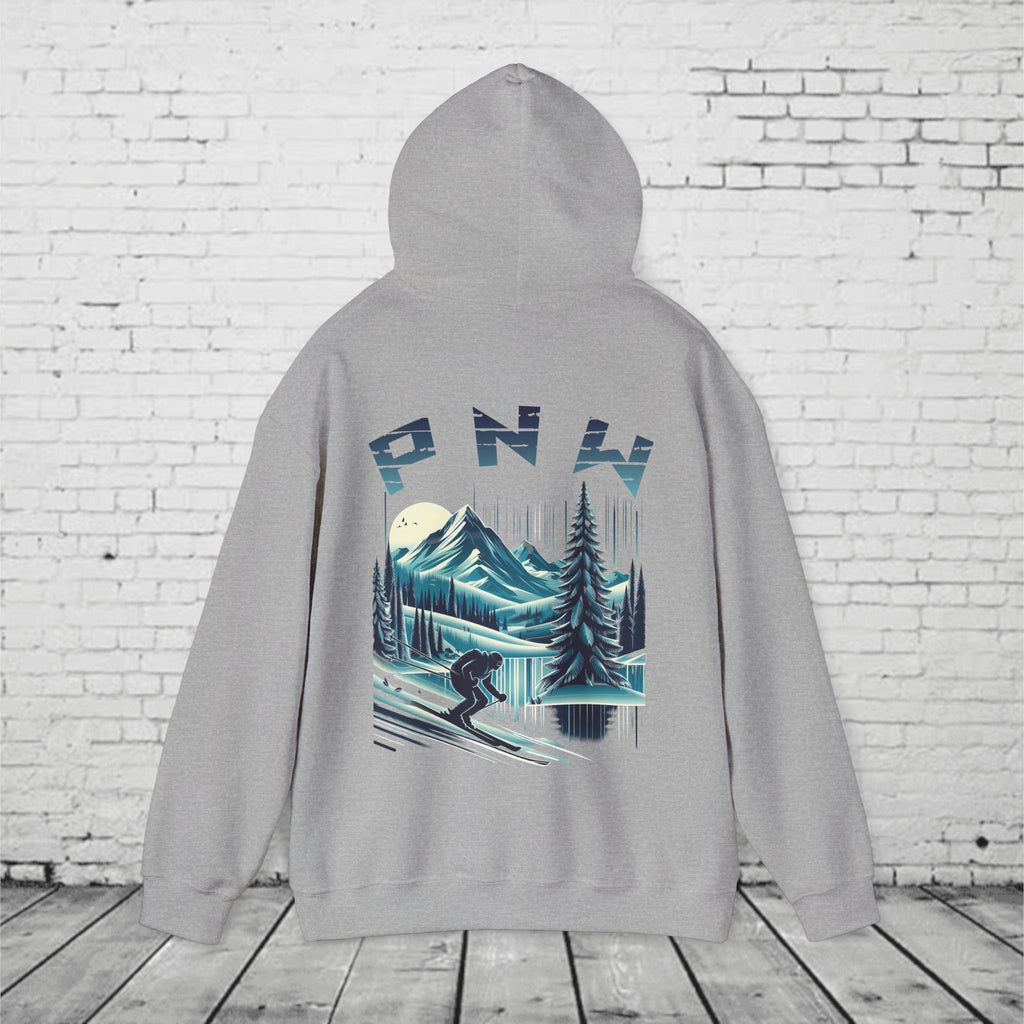 PNW Ski Hoodie – Retro Pacific Northwest Mountain Skiing Hoodie | Unisex Heavy Blend Winter Sweatshirt