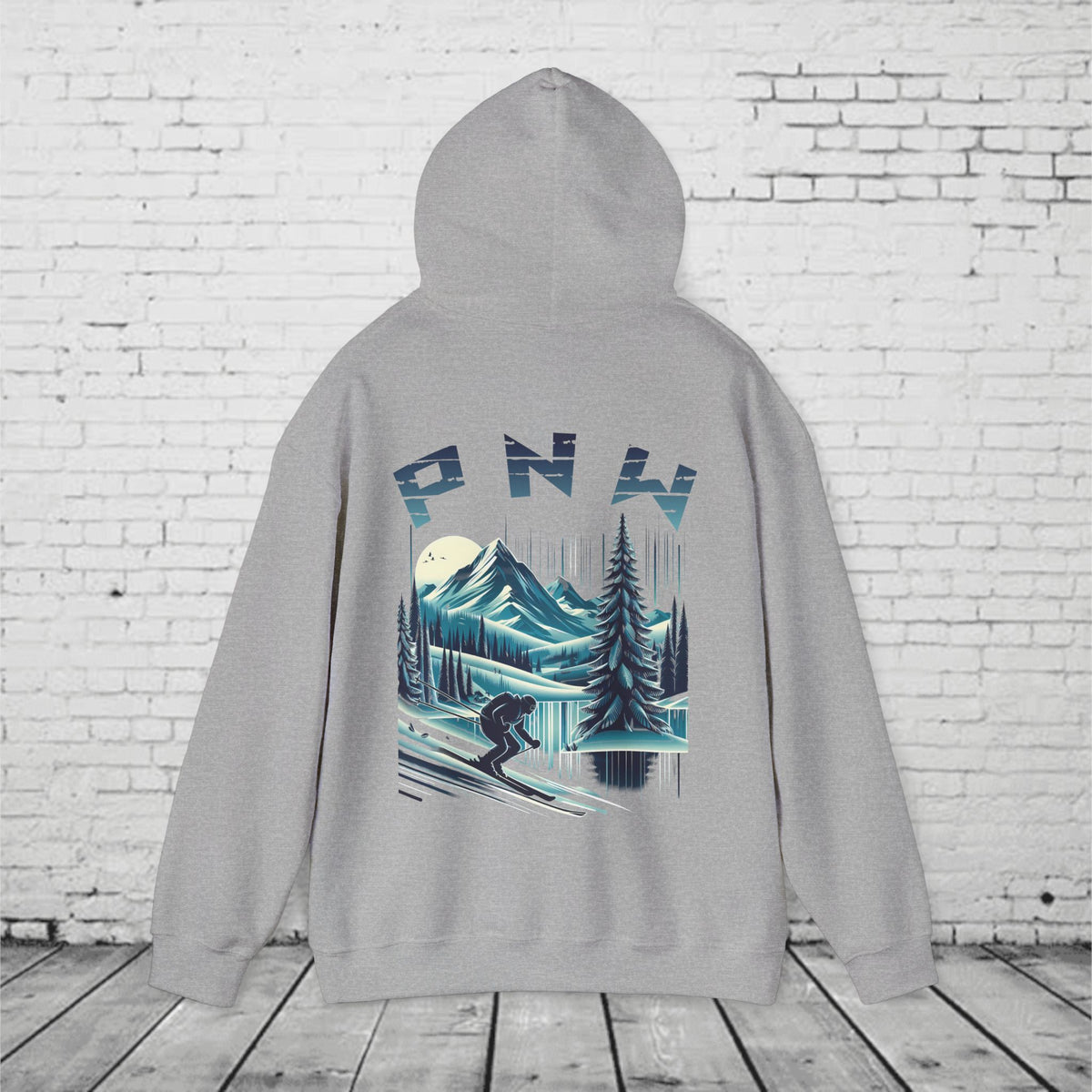 PNW Ski Hoodie – Retro Pacific Northwest Mountain Skiing Hoodie | Unisex Heavy Blend Winter Sweatshirt
